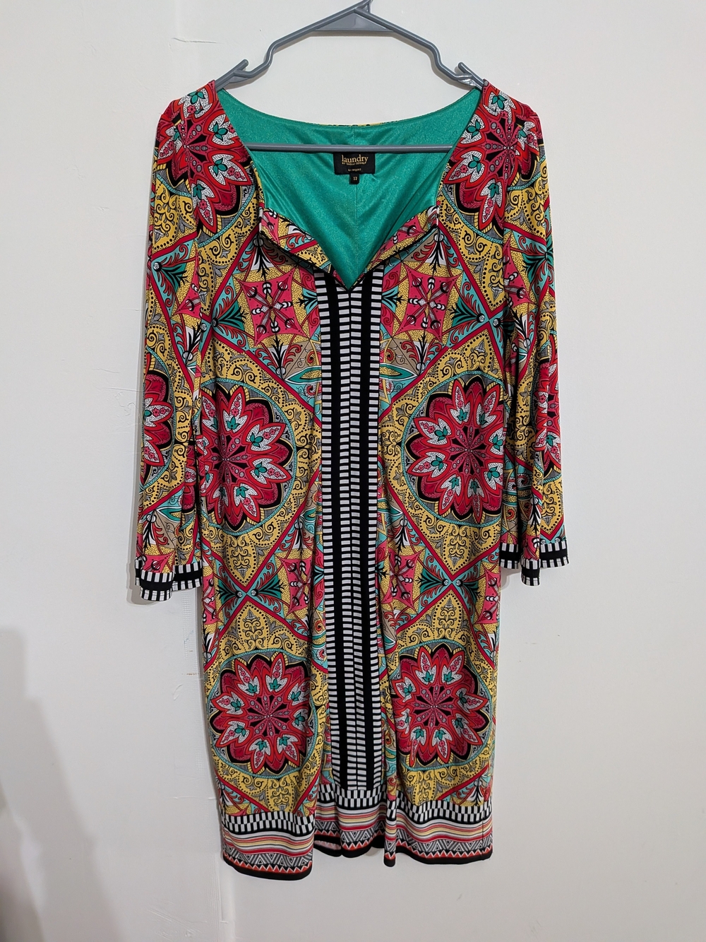 Laundry By Shelli Segal Teal, Red & Yellow Printed V-Neck Long Sleeve Dress